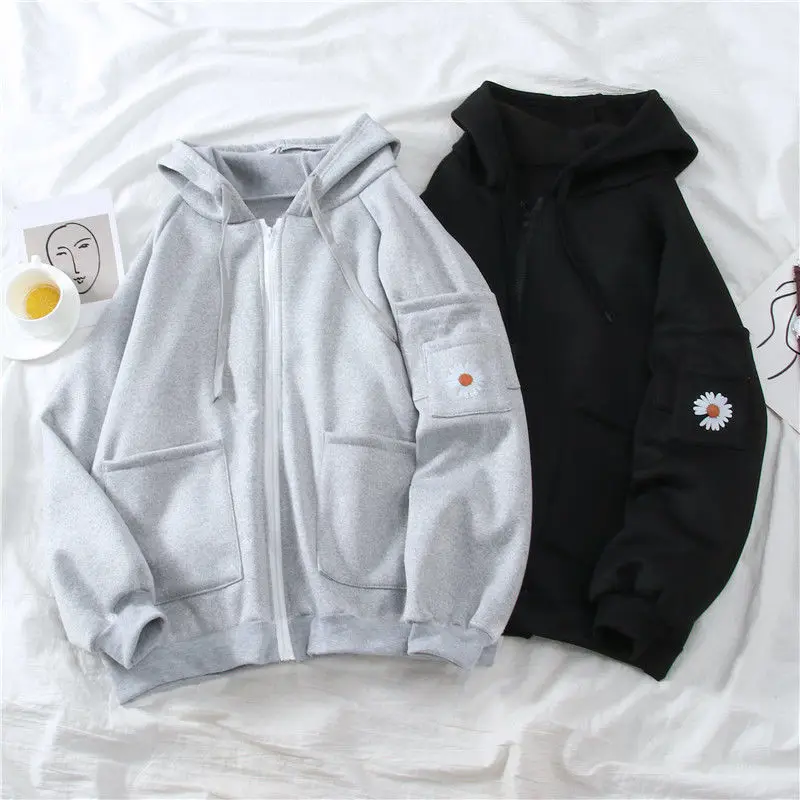 

Oversized Hoodies Women Casual Long Sleeve Loose Daisy Print Zip-up Sweatshirts Female Harajuku Street Fleece Sweatshirt Coat