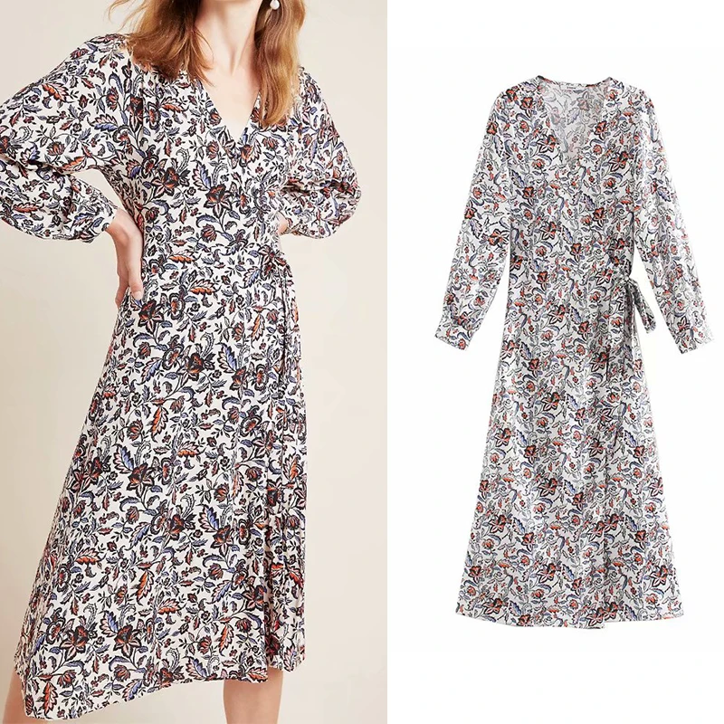 Женское винтажное платье с V образным вырезом длинным рукавом и цветочным