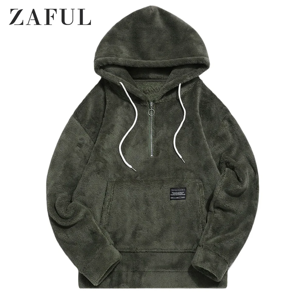

ZAFUL Warm Men Hoodie Solid Faux Fur Drawstring Hoodies Raglan Sleeve Half Zip Tops Autumn Winter Casual Fluffy Women Pullovers