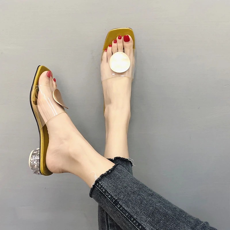 Women's Transparent Crystal Sequined Low Heel Slippers Sexy 2023 Spring Summer Female Fashion Sandals Slides Zapatos De Mujer