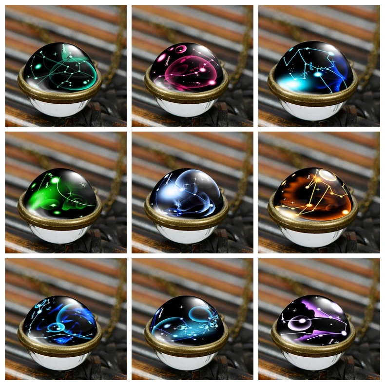 

SIAN 12 Zodiac Sign Pendant Necklace Glass Cabochon Double Galaxy Constellation Horoscope Astrology Necklaces Women Men Jewelry