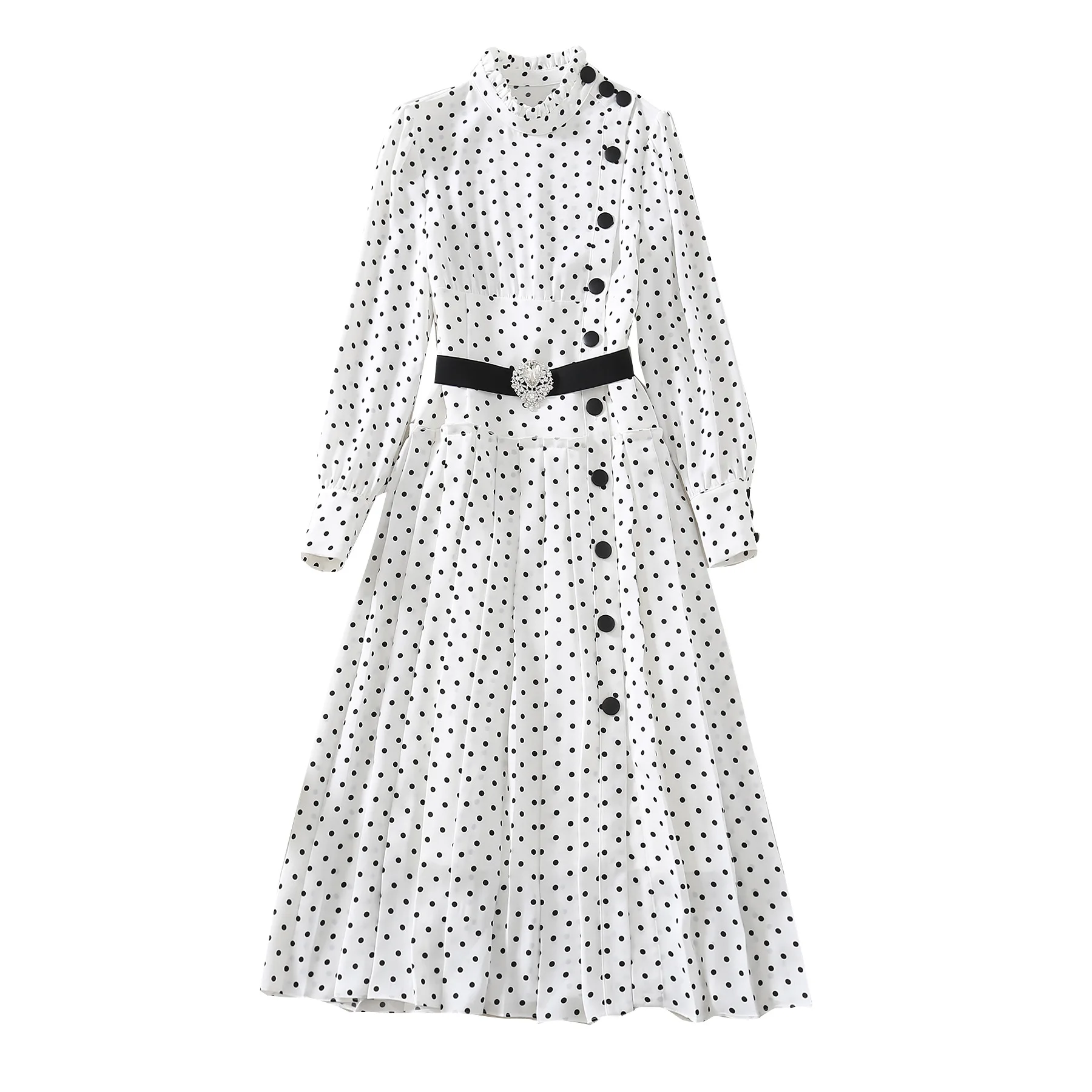

office business dress Female clothing 2021 vintage designer Runway stand collar dot print Pleated long-sleeve dress women