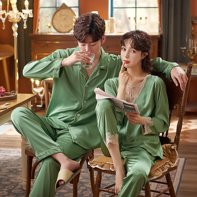 

Spring Summer Lovers Couples Women Men Satin Silk Pyjamas Sets Long Sleeve Pants Male Pijama Sleepwear Leisure Home Clothing