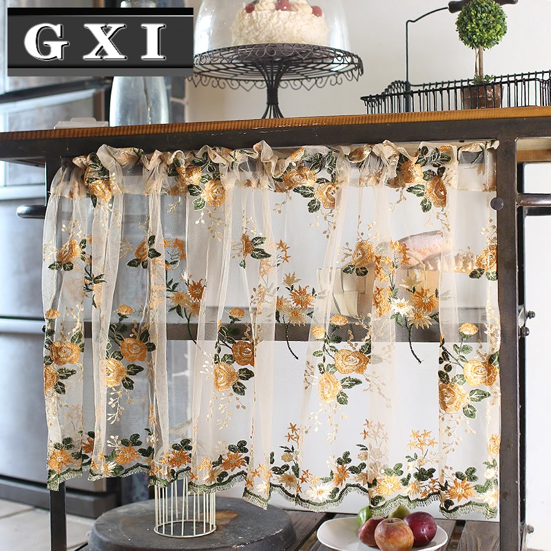 

American Style Yellow Rose Short Curtain Small Coffee Kitchen Window Treatment Lace Sheer Curtains Floral Print Drapes