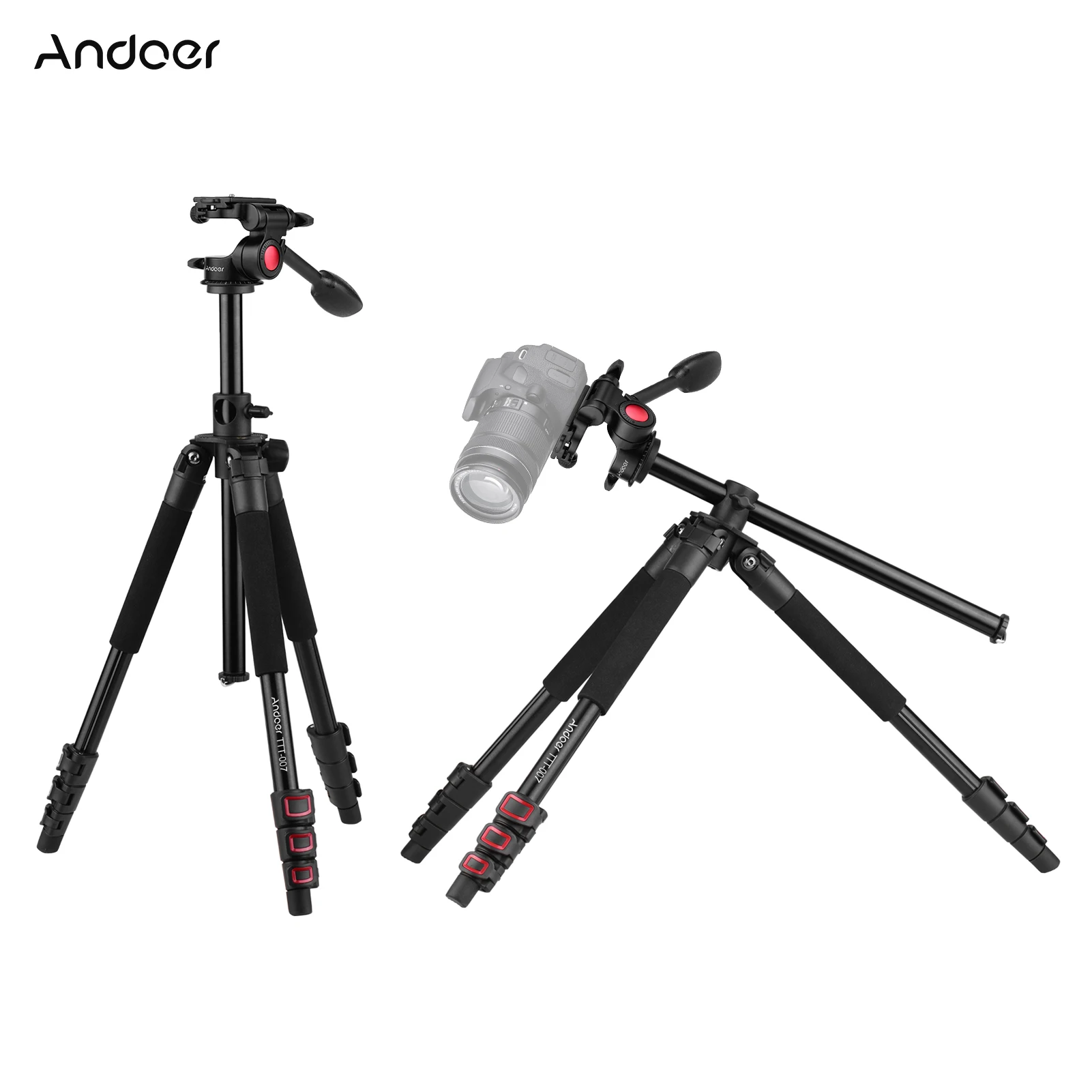 

Andoer TTT-007 162cm Camera Tripod Aluminum Alloy Camera Video Tripod+3-Way Tripod Head for DSLR ILDC Cameras Max. Load 8kg
