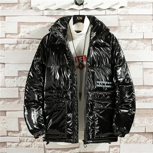 New Winter Men Jacket lapel Fashion Glossy Cotton Thermal Thick Warm Parkas Male Casual Outwear Windbreaker Clothing - Цвет: Черный
