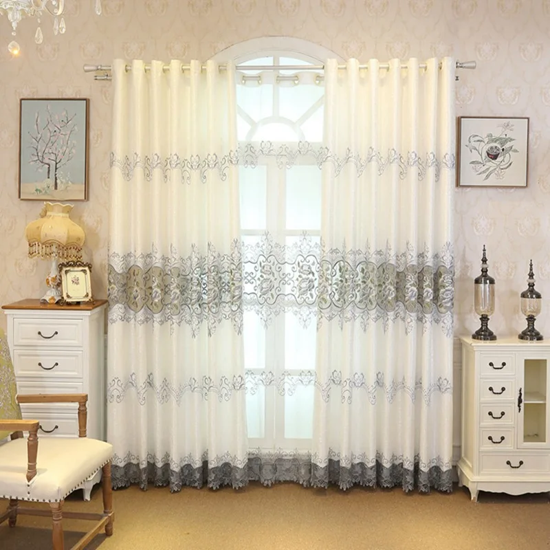 

European Style Gray Curtains with Flower Embroidery for Living Room Bedroom Window Treatment Luxury Sheer Tulle Drapes