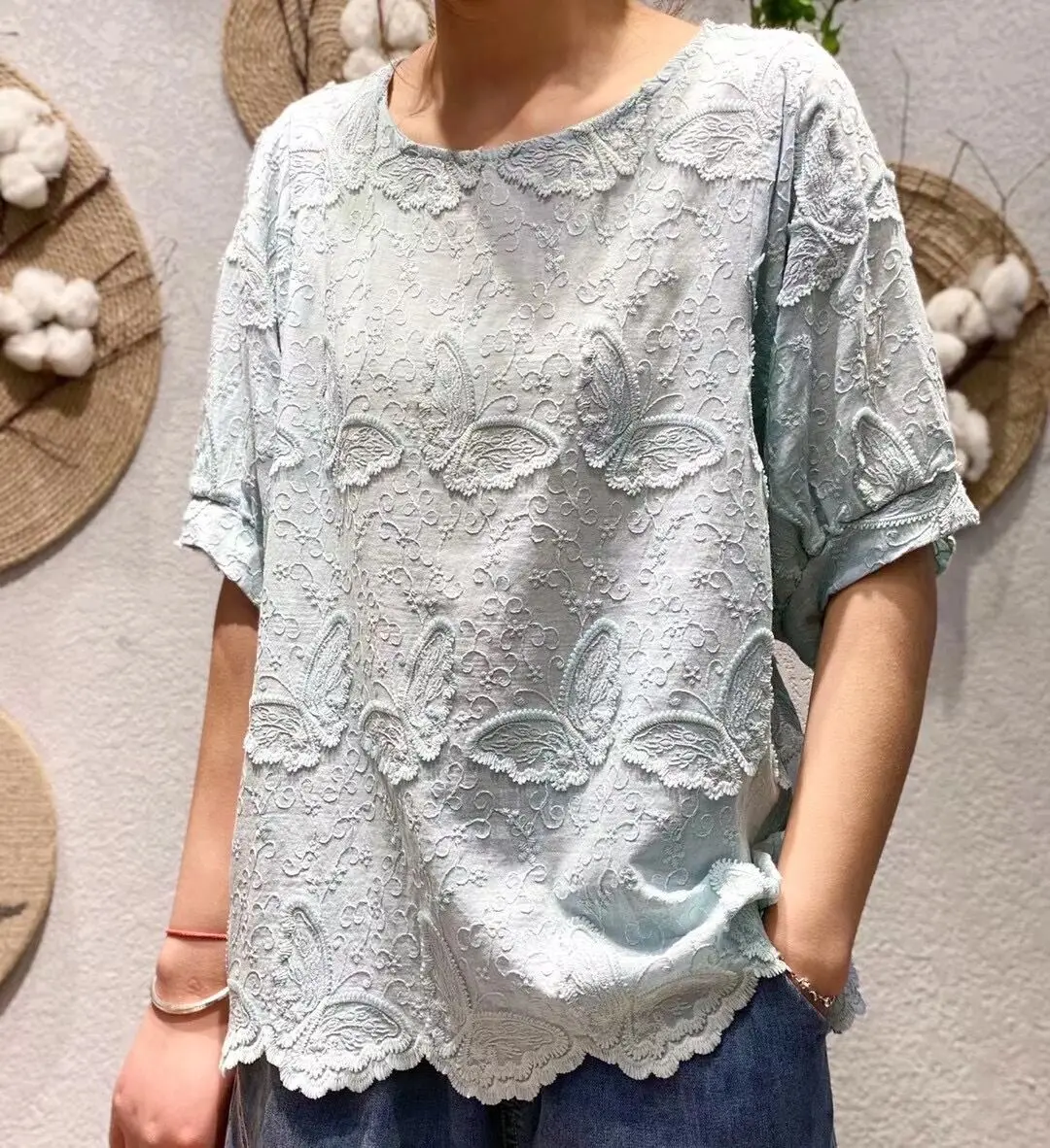 

New Summer 3D Solid Embroidery Butterfly Shirt Tops short sleeve Casual wear