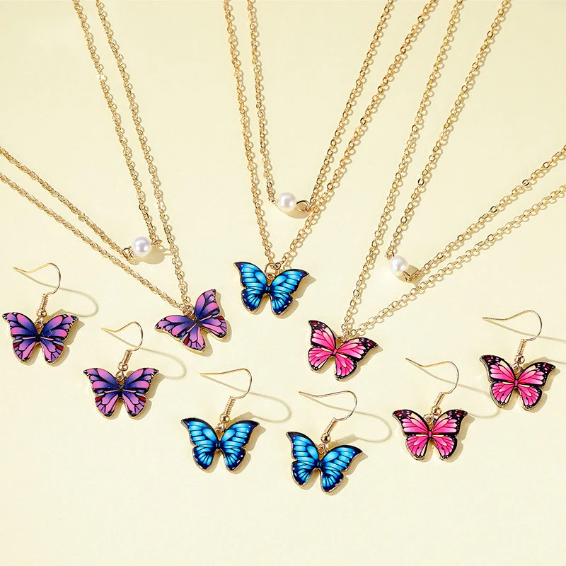 Многоэтажные ожерелья с жемчугом бабочкой женская мода фиолетовые синие кулоном