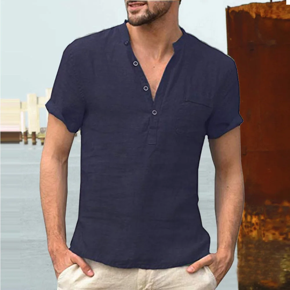 Топы Повседневная рубашка с короткими Рукавами Летняя льняная свободная Мужская