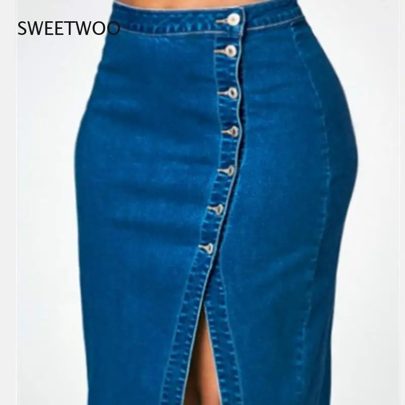 

Summer Women's Denim Midi Skirt Stretch High Waist Button Split Pencil Skirt Women's Casual Daily Blue Jeans Skirt