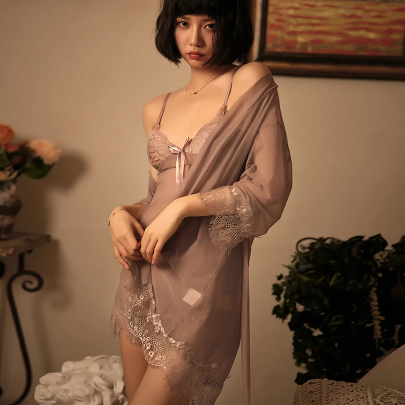 

Халаты, женская одежда для сна, сетчатый комплект ночной рубашки, женский халат, кружевное женское сексуальное нижнее белье