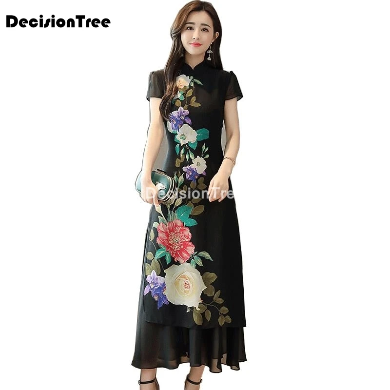 2021 ao dai классический стиль aodai платье с коротким рукавом античная Черная Вышивка