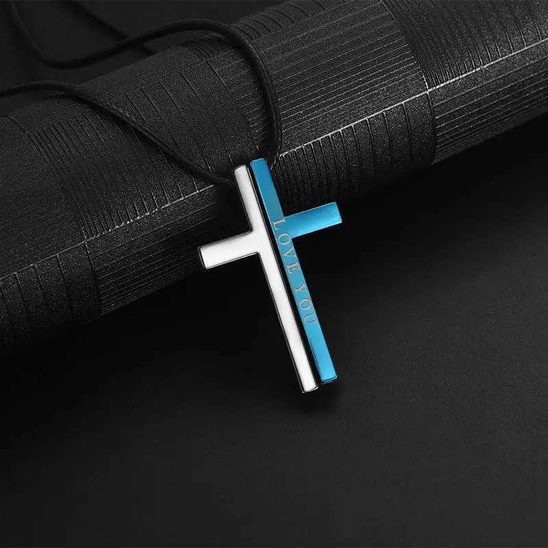 Jiayiqi Unique Cross Couple Necklace Love YOU Pendant Necklace Stainless Steel Men Women Trendy Jewelry Valentine Day Party Gift