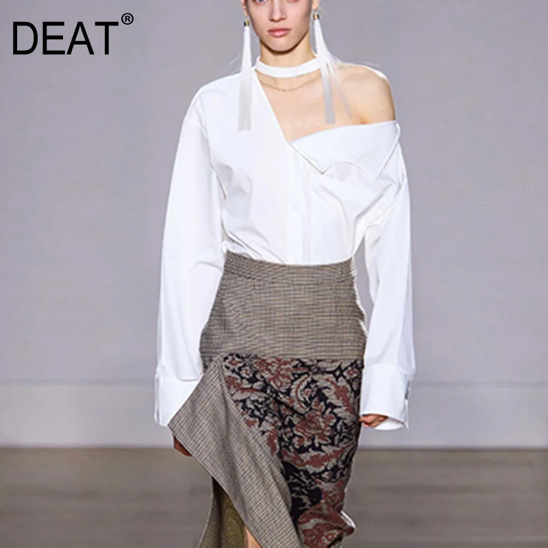 

Женская блузка с воротником-стойкой DEAT, белая ажурная Свободная рубашка с длинным рукавом и лямкой на шее, на осень, GX883, 2021