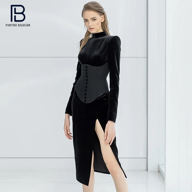 

PB Trendy Black Velvet Midi Dress Long Sleeves Button Design Stand Collar Celebrity Party Club Vestido