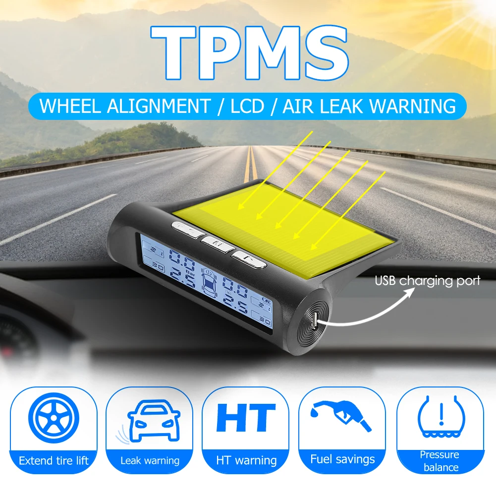 

Smart Car TPMS Tire Pressure Monitoring System USB Solar Charge Auto Tire Tyre monitorin Auto Security Alarm with 4 Sensors