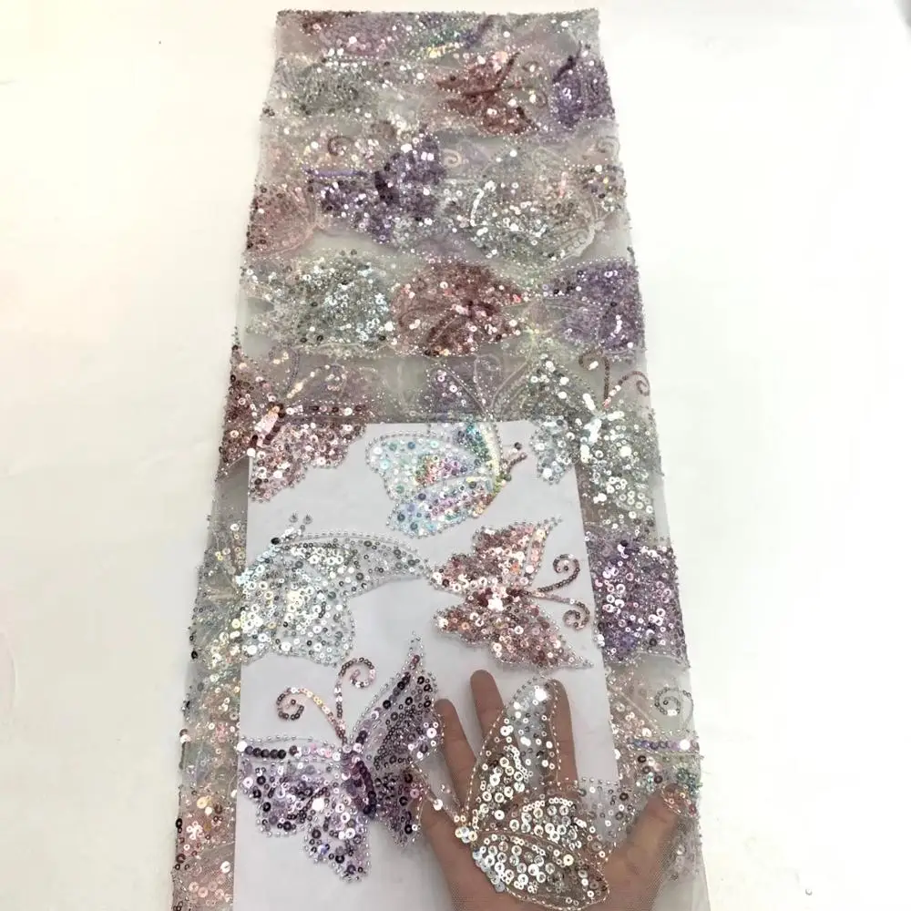 

5yards beads tube design beautiful african net tulle lace fabric in butterfly pattern design good quality african mesh ZXMA301