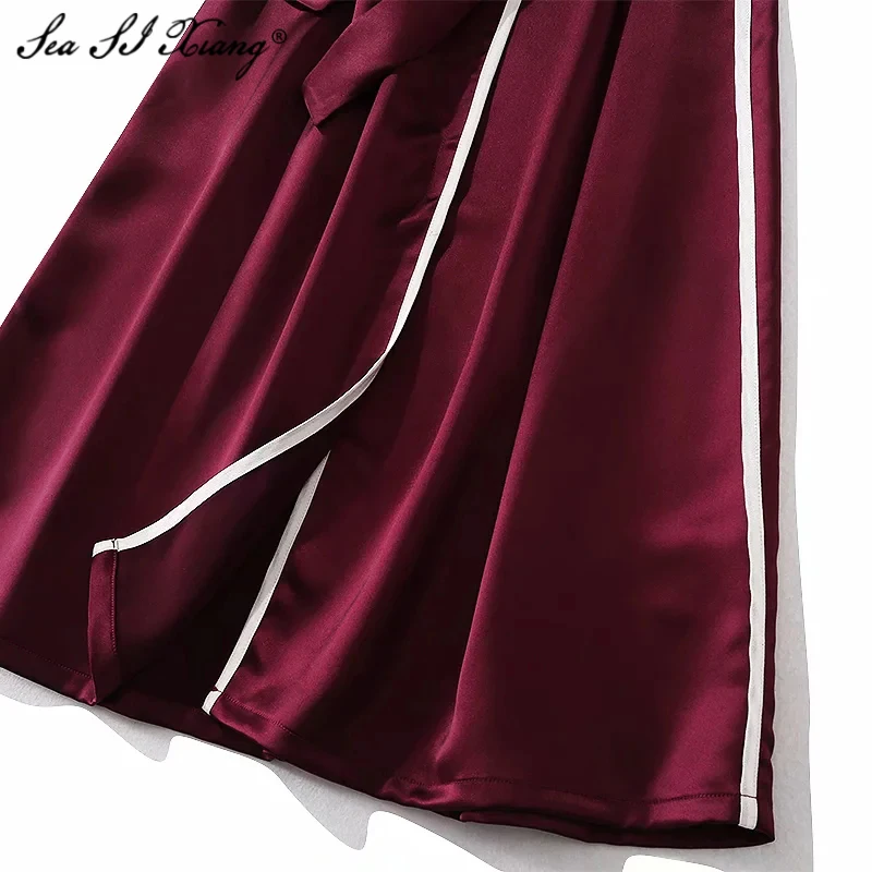 

Seasixiang Fashion Designer Spring Summer Dress Women's Long Sleeve V-Neck Striped Patchwork Sashes Office Lady Dresses