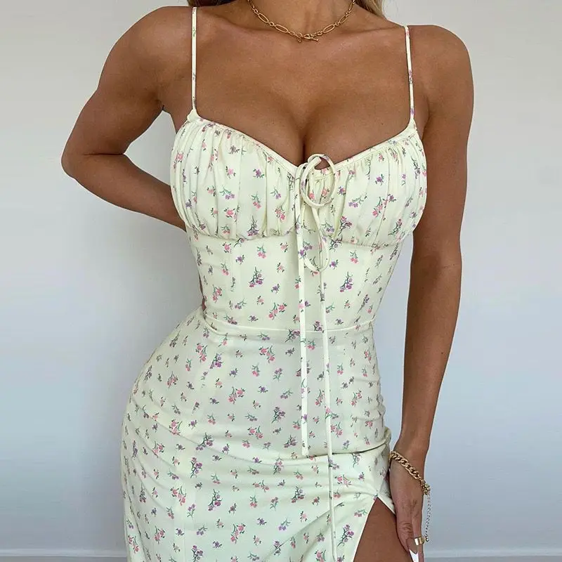 

Mandylandy Dress Summer Fashion Lace-up Spaghetti Strap Strapless Backless Dress Women's Sexy Floral Print Slim Fit Slit Dress