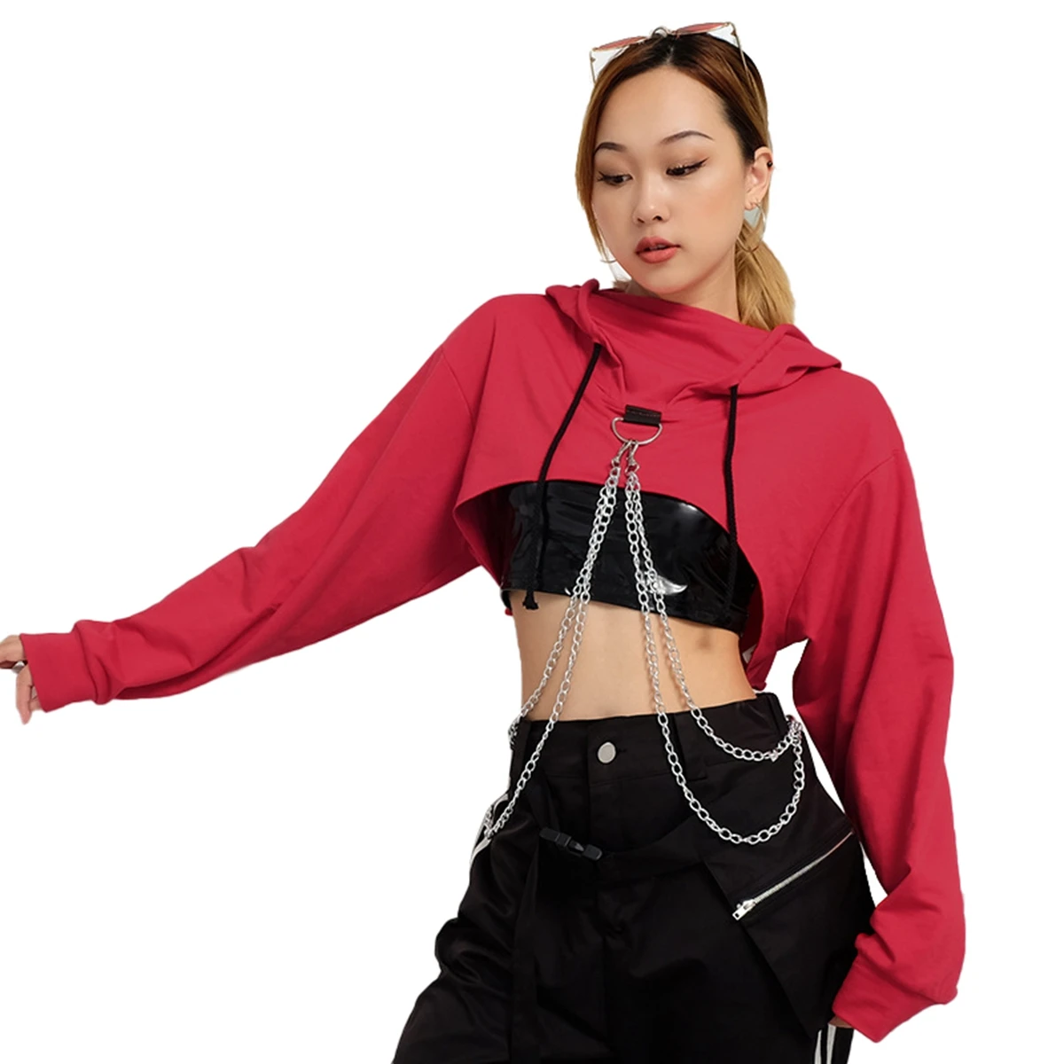 

Women Loose Hoodie with Chain Solid Color Long Sleeve Sweatshirt Short Top Fashion Summer Autumn Female Tops