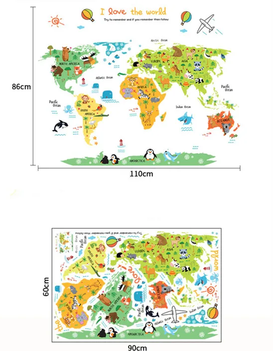 Мультяшные животные карта мира детская комната спальня Детский сад декоративные
