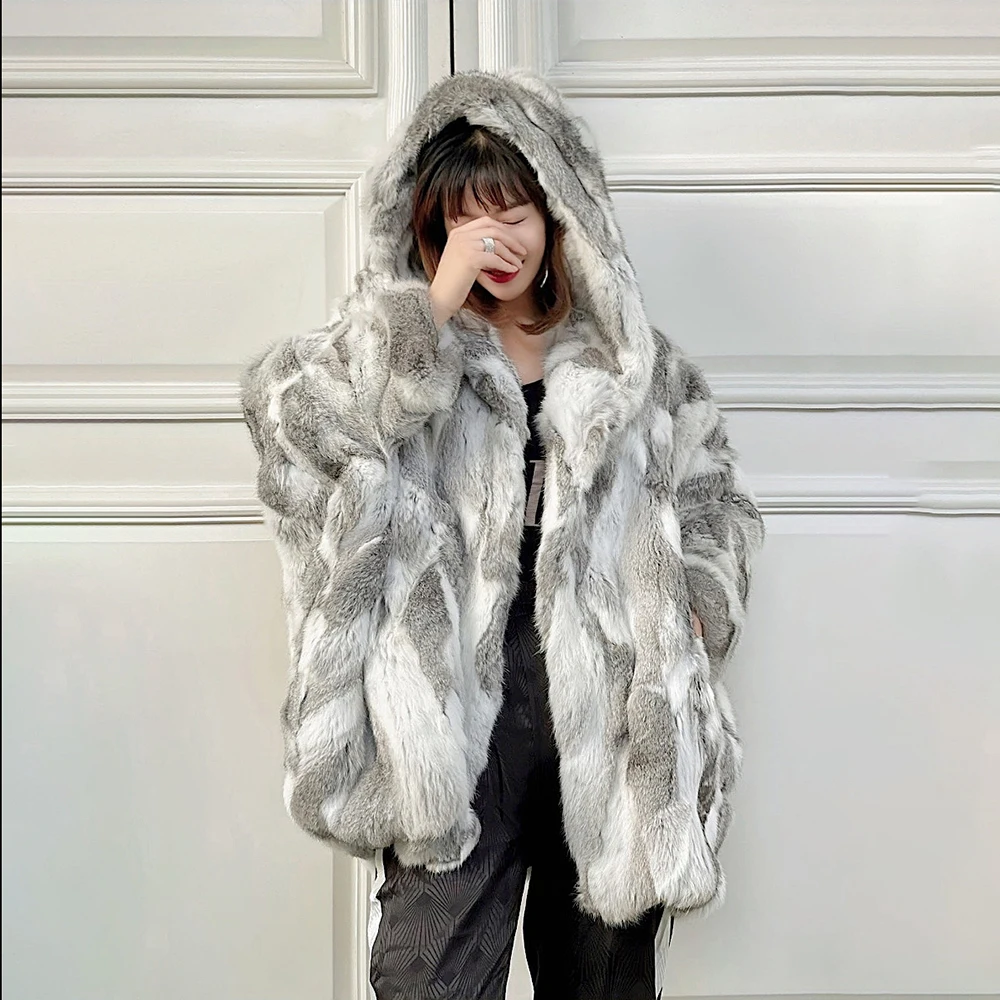 

2021 New Real Featured Rabbits Fur Coats Women's Hooded Loose Wide Mid-length Coat Simple Street Warm Thick Down Jacket