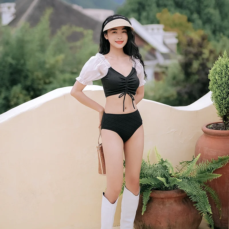 

Short Sleeve Halter Swimsuit Holiday Beach Wear Sexy V-neck One Piece Swimdress Korea Style Beachwear Summer Push Up Bathsuit