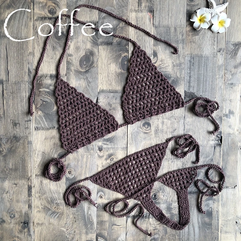 Coffee Новинка, ручная работа, вязанное крючком микро бикини, стринги, пляжные микро купальники, сексуальное нижнее белье, наборы, горячая распродажа - Цвет: Coffee