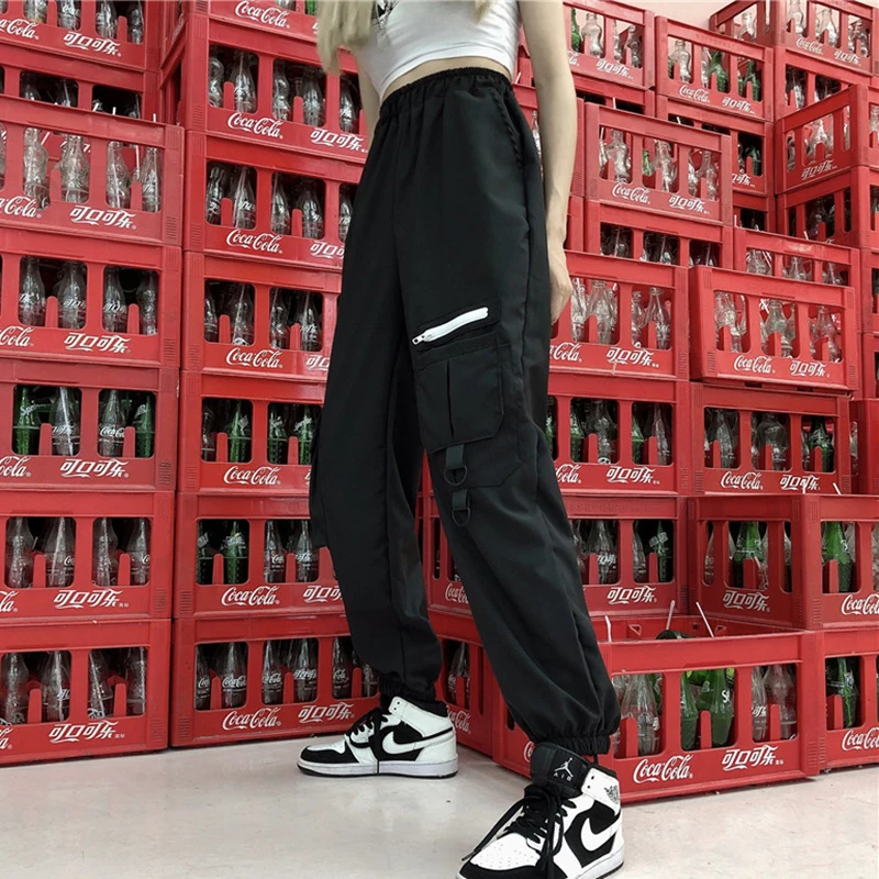 

Spring Summer Harajuku BF Cargo Pants Streetwear Hip Hop Trousers High Waist Loose Pants Ribbon Trousers Female Loose
