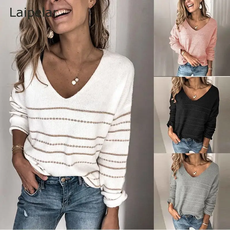 

2020 Autumn V Neck Sweater Women Jumper Striped Sweater Ladies Off Shoulder Knitted Jumper Sweaters Female Pullover Pink White