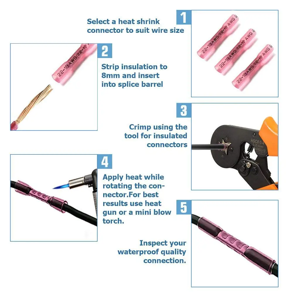 

300PCS Heat Shrink Connectors Crimp Terminals Insulated Waterproof Seal Butt Splices Electrical Wire Connector 22-18 AWG