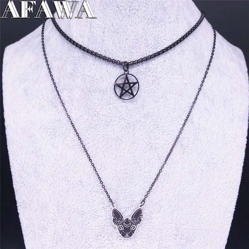 

AFAWA Witchcraft Pentagram Hairless Cat Stainless Steel Layered Necklace Women Black Color Necklace Jewelry gargantilla N3752S02