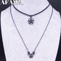 afawa witchcraft pentagram hairless cat stainless steel layered necklace women black color necklace jewelry gargantilla n3752s02