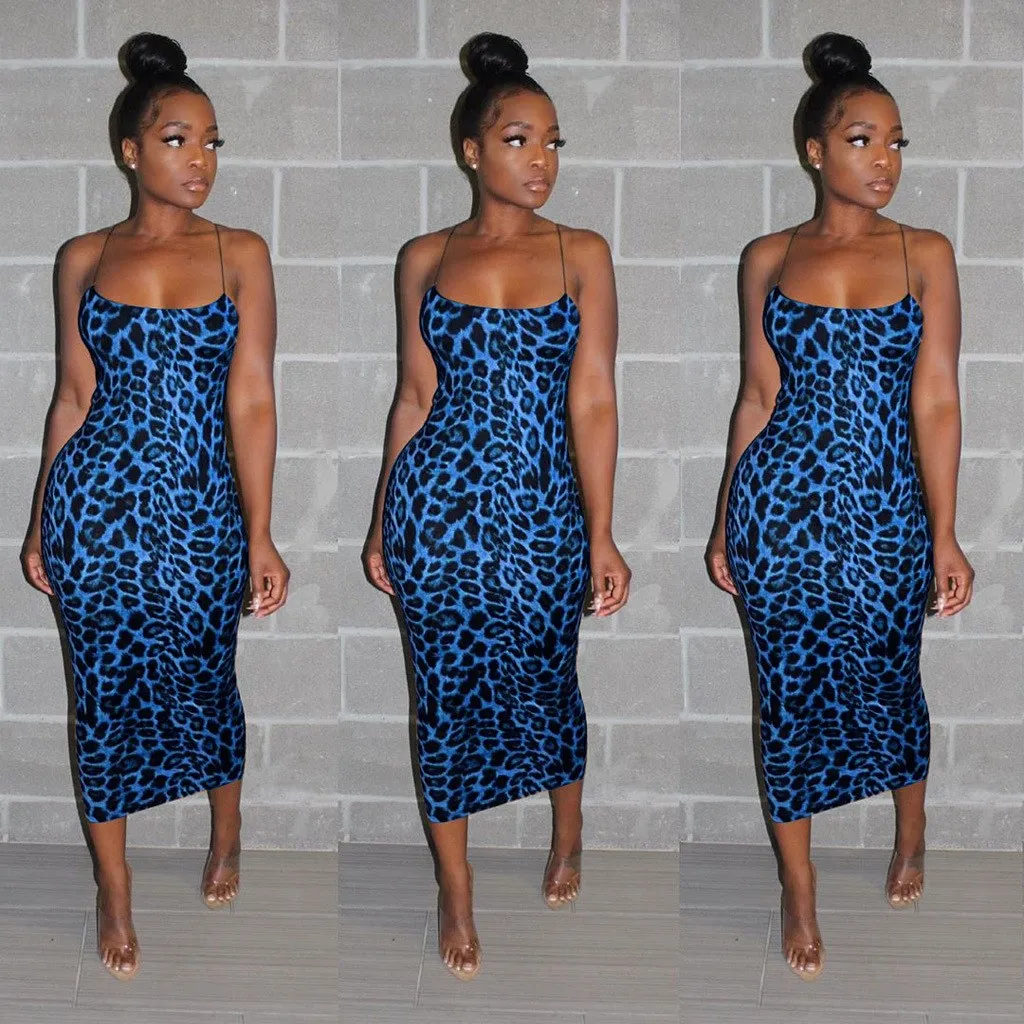 Сексуальное длинное платье на лямках с леопардовым принтом женское вечернее без