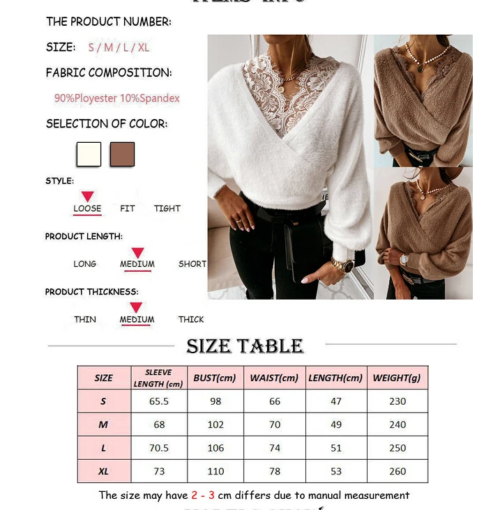 

Women's Wrap Front Pullovers Fall Winter Tee Top Ladies Sexy Long Sleeve Deep V Neck Lace Trim Loose Fit Blouse Jumpers Tops
