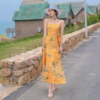 women long floral yellow slip dress summer 2022 runway backless boho vintage korean fairy casual beach vacation party dresses