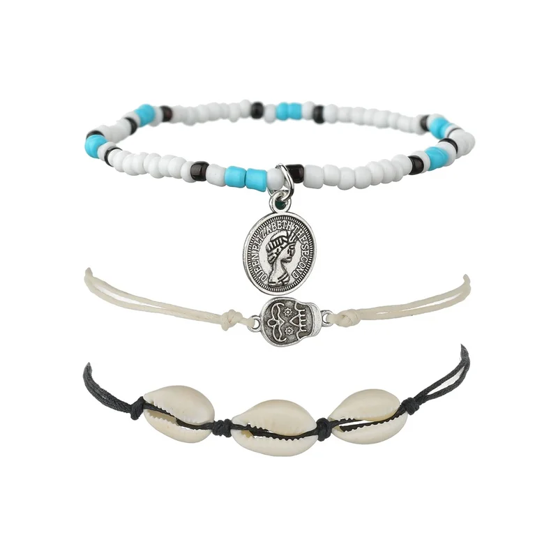 3pcs/set new design shell coin skull pendant anklet for women bohemian bead chain foot jewelry summer girl statement bracelet | Украшения и