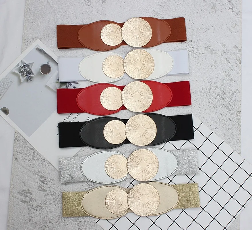 

Deepeel 7.8*64cm Gold Buckle Women's Elastic Wide Cummerbunds PU Leather Female Waist Corset Fashion Luxury Woman Belts CB766