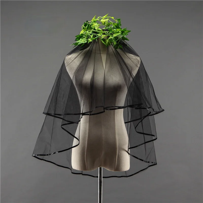 

Фата свадебная двухслойная черная, Тюлевая Фата с атласными краями, короткая с металлической расческой, простой стиль