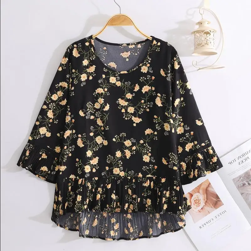 

Women 2021 Summer New Fashion O-neck Chiffon Shirt Female Middle-aged Thin Blouses Ladies Loose Printed Casual Shirts N153