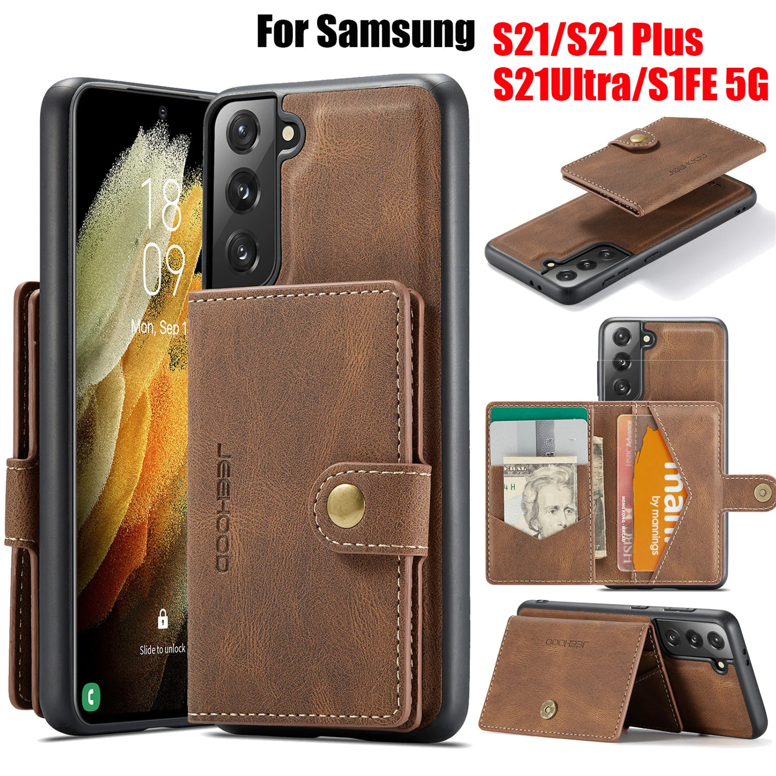 

2 в 1 съемный кожаный чехол для Samsung Galaxy S21 FE 5G Ultra Plus, чехол-кошелек, держатель для карт, Магнитный кошелек, Беспроводная зарядка