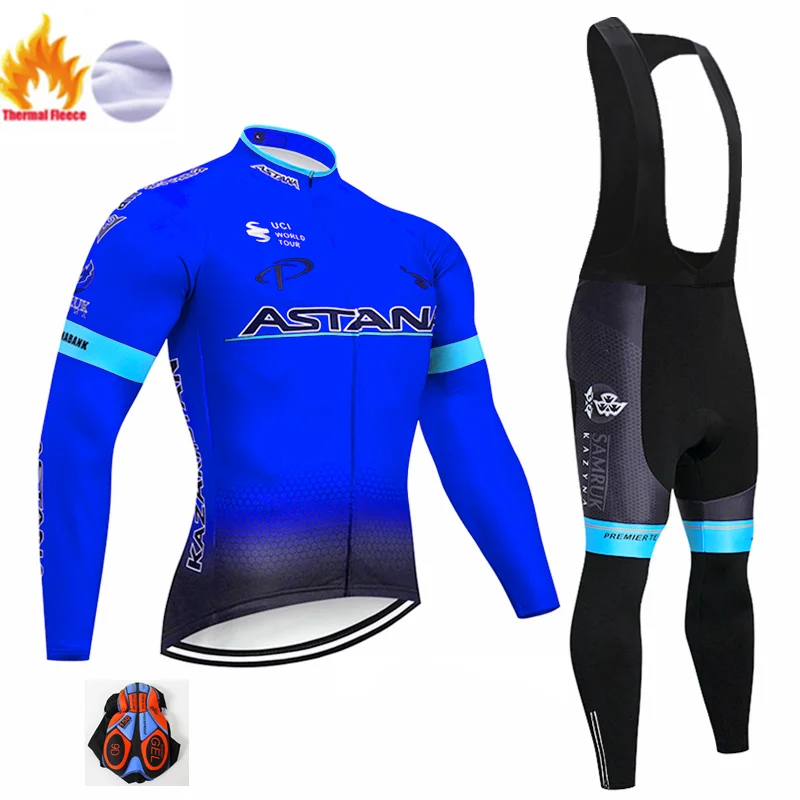 Winter Cycling Suit Красная Команда Астаны зимний термальный флис Велоспорт Джерси велосипед брюки набор мужской Ropa Ciclismo 9D костюм для велосипеда Culotte одежда - Цвет: Winter Cycling Suit