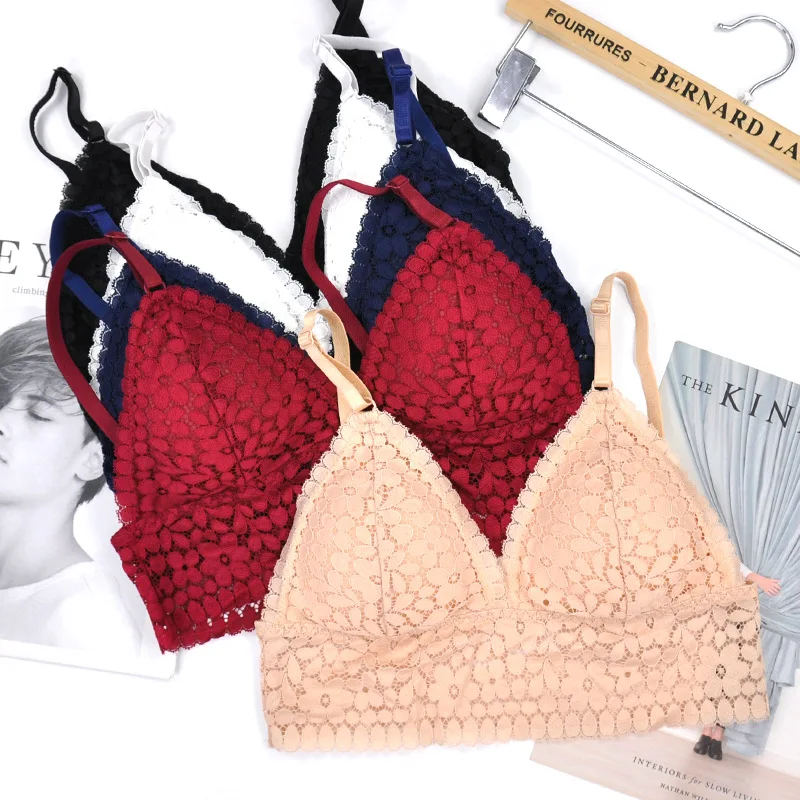 Thin French Style Bralette Lace Wireless Triangle Cup Women Lingerie Soft Bra Seamless Underwear Deep V Girls | Женская одежда