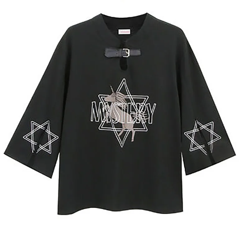 

Gothic T Shirt Women 2021 E Girl Belt Buckle Tee Shirt Summer Black Print Alt Clothes Aesthetic MINGLIUSILI Goth Tops Mujer