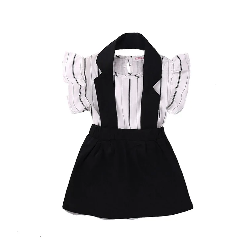 

Летние комплекты одежды, полосатая рубашка с летящим рукавом для девочек + юбка на бретельках, комплект из двух предметов, детская одежда, ко...