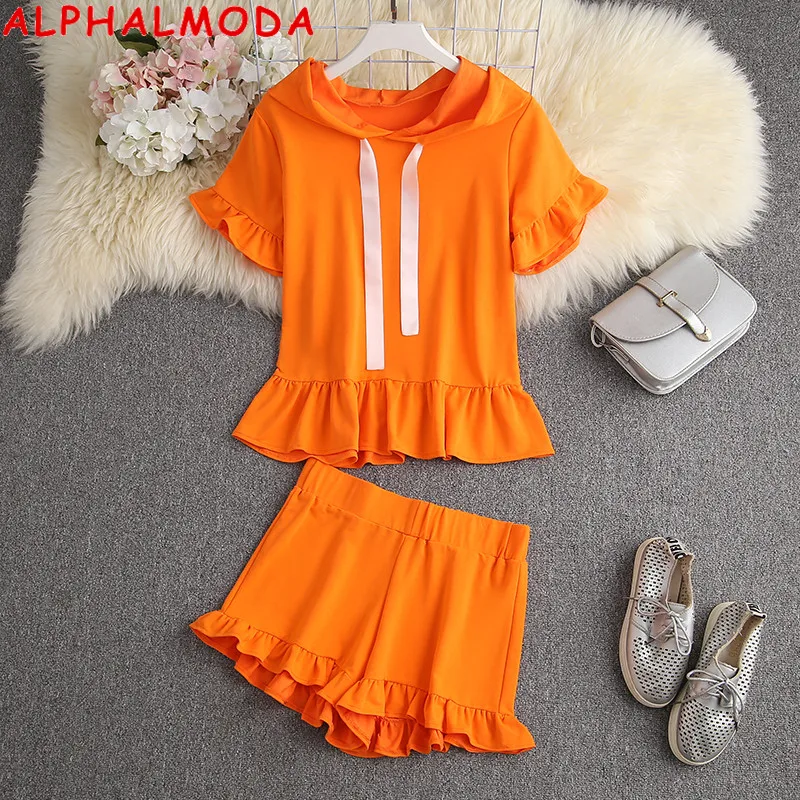 

ALPHALMODA 2021 Summer Ribbon Hooded Ribbon Co ord Set Pleated Frill Peplum Hoodie Short Two Piece Set