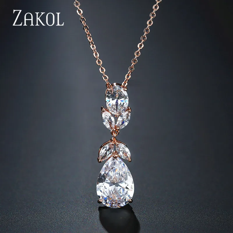 Rose Gold Color ZAKOL Элегантное ожерелье в форме капли воды с кулоном из кубического циркония для невесты модные свадебные украшения FSNP2081 - Окраска металла: Rose Gold Color