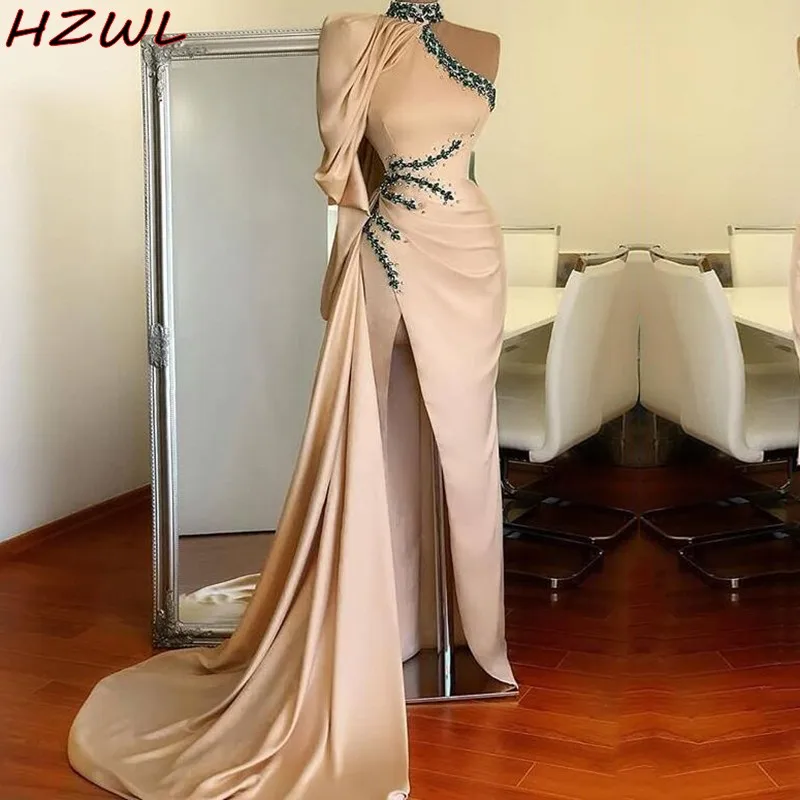 

One Shoulder Dresses High Neck Beads Full Sleeves Mermaid Evening Dress Satin Front Split Party Formal Wear Vestidos