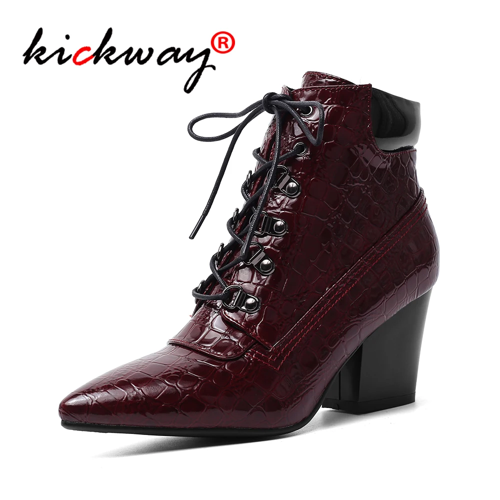 Kickway/женские туфли-лодочки на высоком каблуке; Туфли-лодочки на толстом каблуке с круглым носком; пикантная обувь; свадебные туфли на каблуке; весенние кожаные туфли размера плюс 34-43